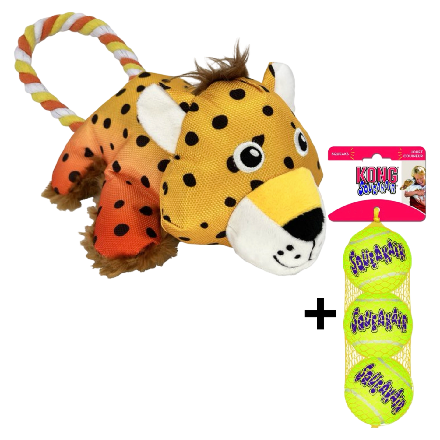 Combideal Kong Cozie Tuggz Cheetah + Squeakairs Tennisballen