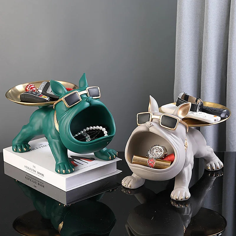 Bulldog Opslag Sculptuur, Hars Cool Hond Sculptuur Grote Mond Bulldog Sleutel Snackhouder Beeldje met Opberglade, Entree Ambachten Kunst Standbeeld Thuis Desktop Ornament Decoratie