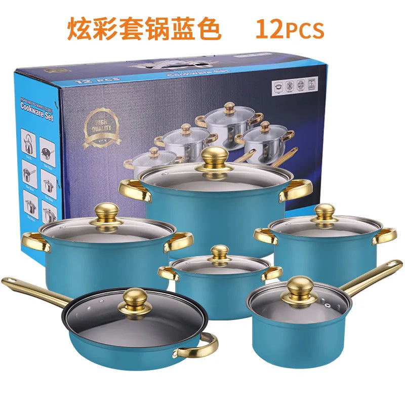 Pannenset van roestvrij staal en pannenset, 12-delige keukenkookgereiset, niet-giftige kookset met koel blijvende handgrepen