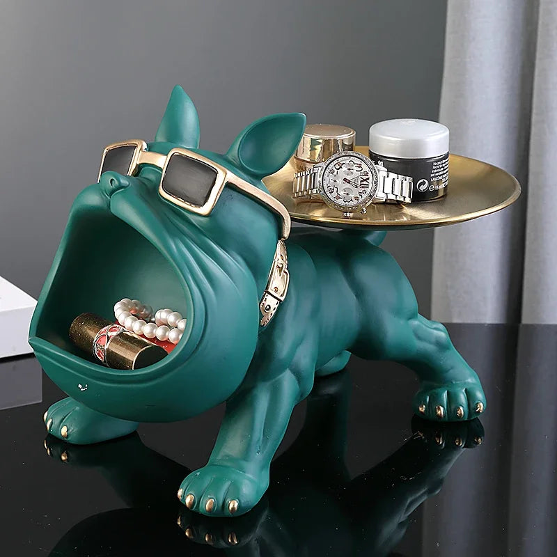 Bulldog Opslag Sculptuur, Hars Cool Hond Sculptuur Grote Mond Bulldog Sleutel Snackhouder Beeldje met Opberglade, Entree Ambachten Kunst Standbeeld Thuis Desktop Ornament Decoratie