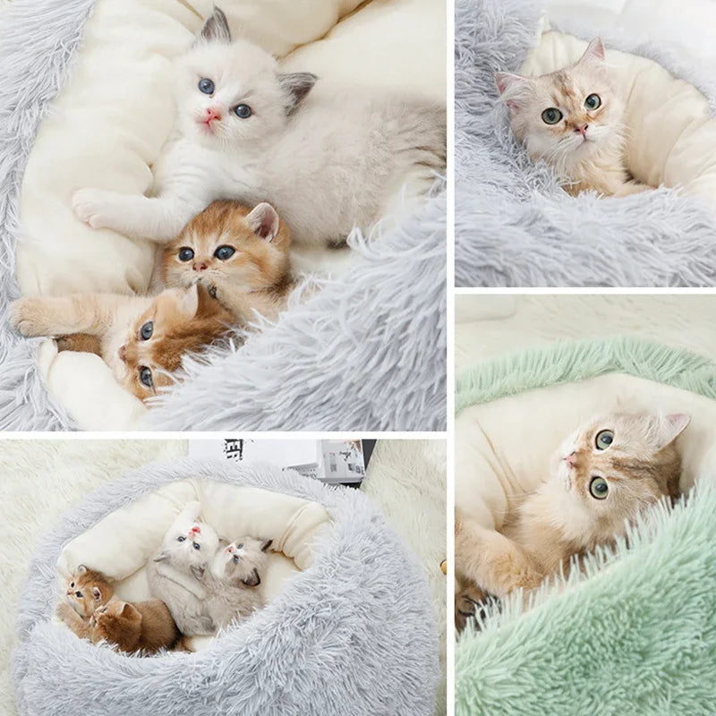 Winter pluche huisdier kattenbed rond kattenkussen kattenhuis 2-in-1 warme kattenmand huisdier slaapzak kitten nest kennel voor kleine hondenkatten