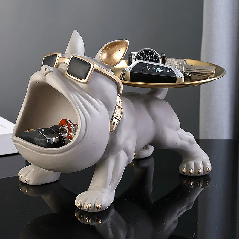 Bulldog Opslag Sculptuur, Hars Cool Hond Sculptuur Grote Mond Bulldog Sleutel Snackhouder Beeldje met Opberglade, Entree Ambachten Kunst Standbeeld Thuis Desktop Ornament Decoratie