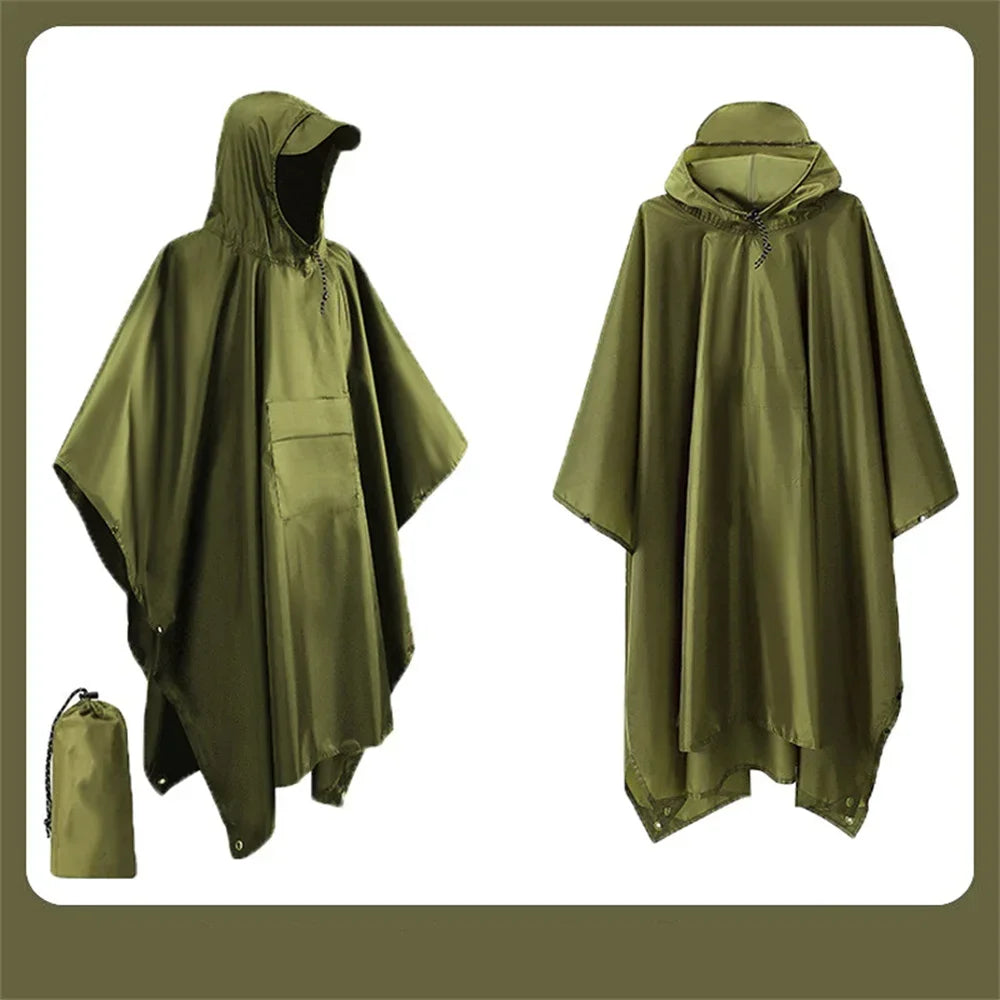 Outdoor 3-in-1 waterdichte militaire regenjas met capuchon, poncho, kamperen, wandelen, reizen, regenopvang, tentjas,
