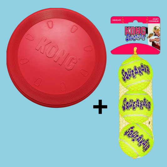 Combideal - Kong Flyer Frisbee Rood + Squeakair Balls 3 Stuks (6 CM)