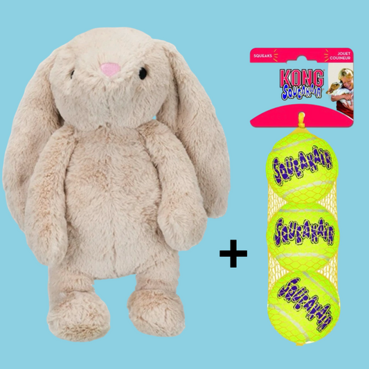 Combideal - Pluche Konijn + Kong Squeakair Tennisballen