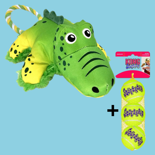Combideal Kong Cozie Tuggz Aligator + Squeakairs Tennisballen
