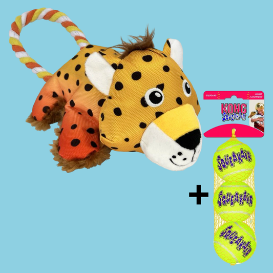 Combideal Kong Cozie Tuggz Cheetah + Squeakairs Tennisballen