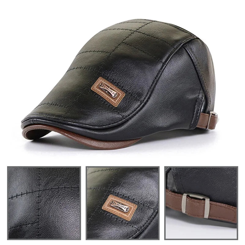 Retro Heren Lederen Baret Hoed Platte Pet Mannelijke