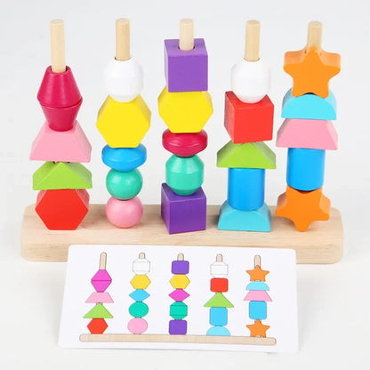 Goujfol Montessori-speelgoed, stapelspel, houten speelgoed, 2-in-1 houten sorteerspeelgoed, rijgspel, stapelen en sorteren, bouwstenen, fijne motoriek,