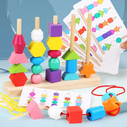 Goujfol Montessori-speelgoed, stapelspel, houten speelgoed, 2-in-1 houten sorteerspeelgoed, rijgspel, stapelen en sorteren, bouwstenen, fijne motoriek,
