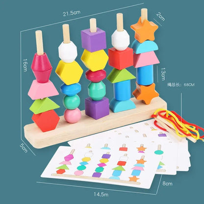 Goujfol Montessori-speelgoed, stapelspel, houten speelgoed, 2-in-1 houten sorteerspeelgoed, rijgspel, stapelen en sorteren, bouwstenen, fijne motoriek,