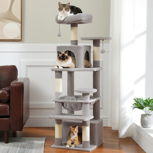 Hoge 136 cm krabpaaltoren met moderne ruime hangmatten Condos krabpalen huis dubbel gewatteerde zitstokken voor grote katten binnenshuis