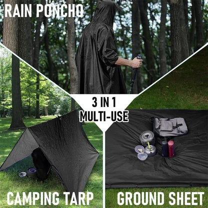 Outdoor 3-in-1 waterdichte militaire regenjas met capuchon, poncho, kamperen, wandelen, reizen, regenopvang, tentjas,