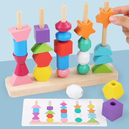 Goujfol Montessori-speelgoed, stapelspel, houten speelgoed, 2-in-1 houten sorteerspeelgoed, rijgspel, stapelen en sorteren, bouwstenen, fijne motoriek,