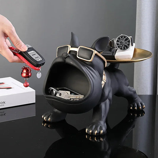 Bulldog Opslag Sculptuur, Hars Cool Hond Sculptuur Grote Mond Bulldog Sleutel Snackhouder Beeldje met Opberglade, Entree Ambachten Kunst Standbeeld Thuis Desktop Ornament Decoratie