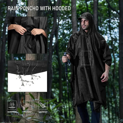 Outdoor 3-in-1 waterdichte militaire regenjas met capuchon, poncho, kamperen, wandelen, reizen, regenopvang, tentjas,