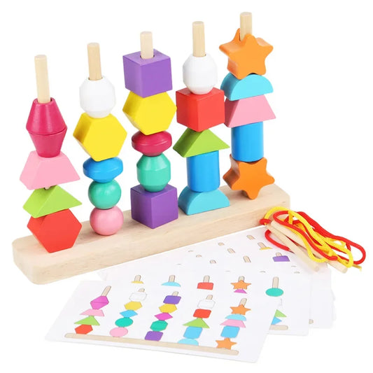 Goujfol Montessori-speelgoed, stapelspel, houten speelgoed, 2-in-1 houten sorteerspeelgoed, rijgspel, stapelen en sorteren, bouwstenen, fijne motoriek,
